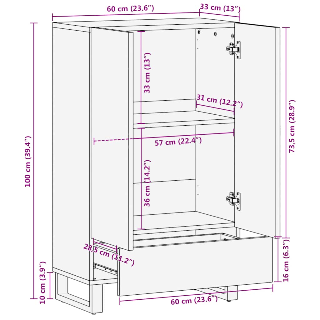 Hoge Kast 60X33X100 Cm Massief Mangohout Zwart