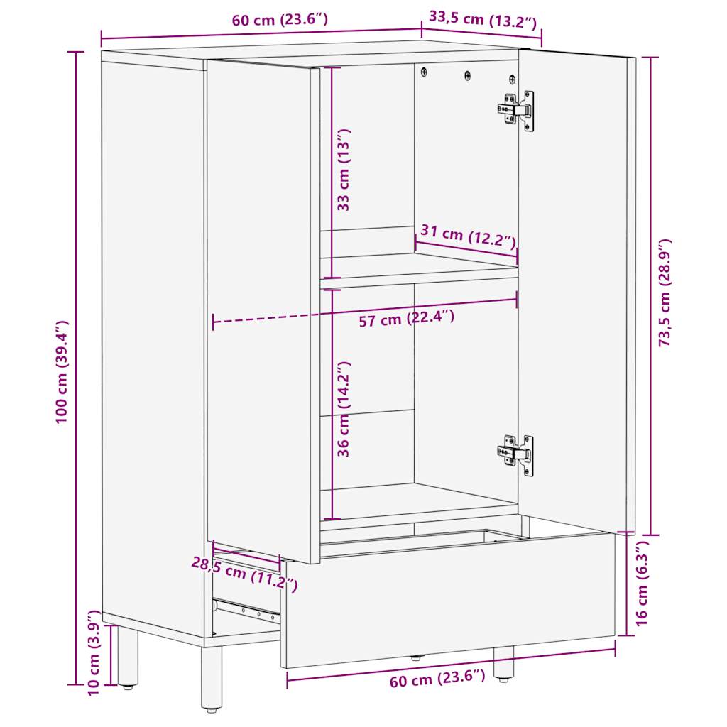 Hoge Kast 60X33,5X110 Cm Massief Ruw Mangohout Zwart