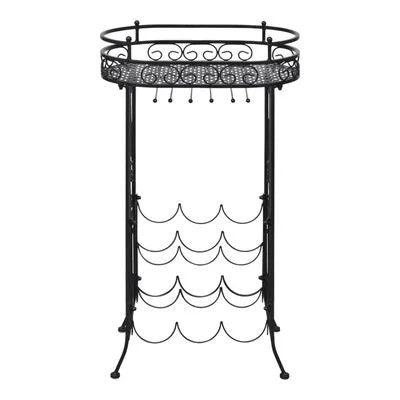 Wijnrek voor 9 Flessen met Tafel en Glazenhouder - Smeedijzer, Zwart