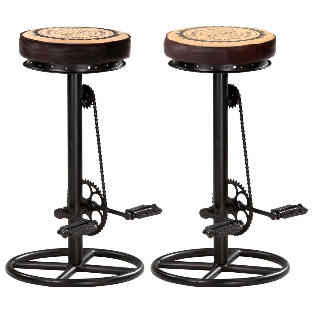 Set van 2 Industriële Barkrukken met Fietspedalen – Canvas en Geitenleer – Vintage Stijl