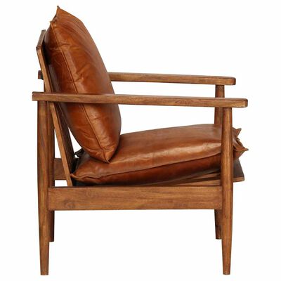Fauteuil Massief Acaciahout En Echt Leren Kussens - Bruin