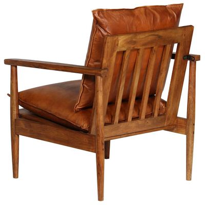 Fauteuil Massief Acaciahout En Echt Leren Kussens - Bruin