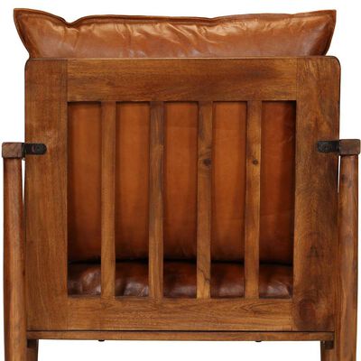 Fauteuil Massief Acaciahout En Echt Leren Kussens - Bruin